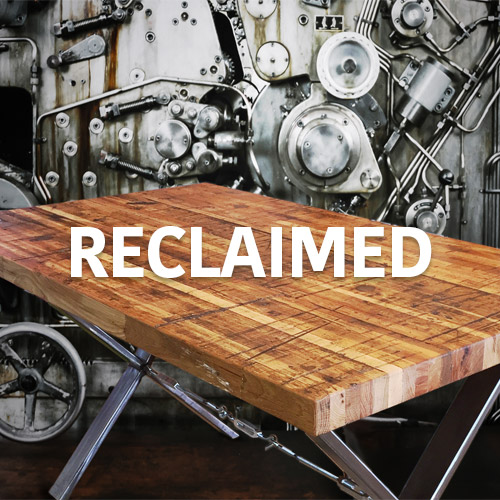 Wood table with the title "reclaimed".